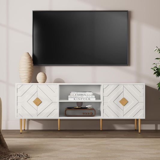 HLR 63'' White TV Stand for 65/70/75 inch TV, Entertainment Center with Storage Cabinets and Embossed Pattern Doors, Mid Century Modern Media TV Console Table for Living Room Bedroom
