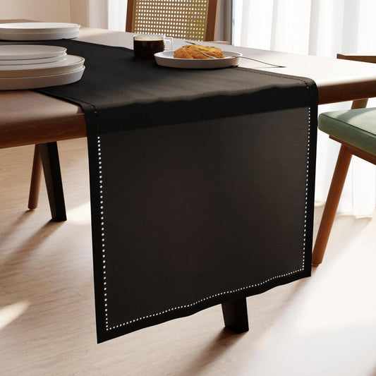 Encasa XO Dining Table Runner 16"x72" | Pure Cotton Hemstitched Design | Black - Machine Washable