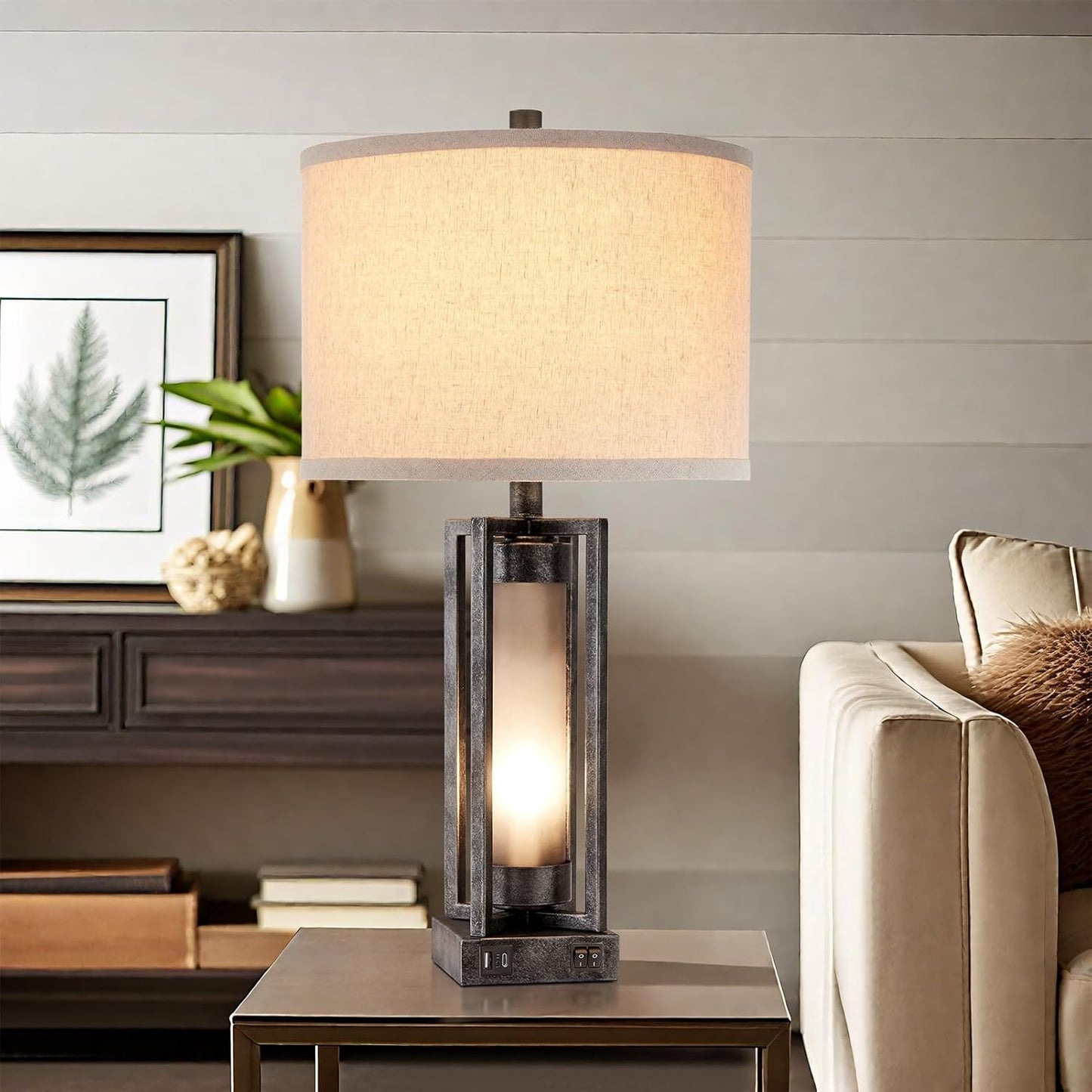 RORIANO Set of 2 Industrial Table Lamps for Living Room with USB C+A, Vintage End Table Lamp for Bedroom with Gray Nightlight, Farmhouse Rustic Desk Lamp for Bedside, 4 Bulbs Included (Iron Gray)