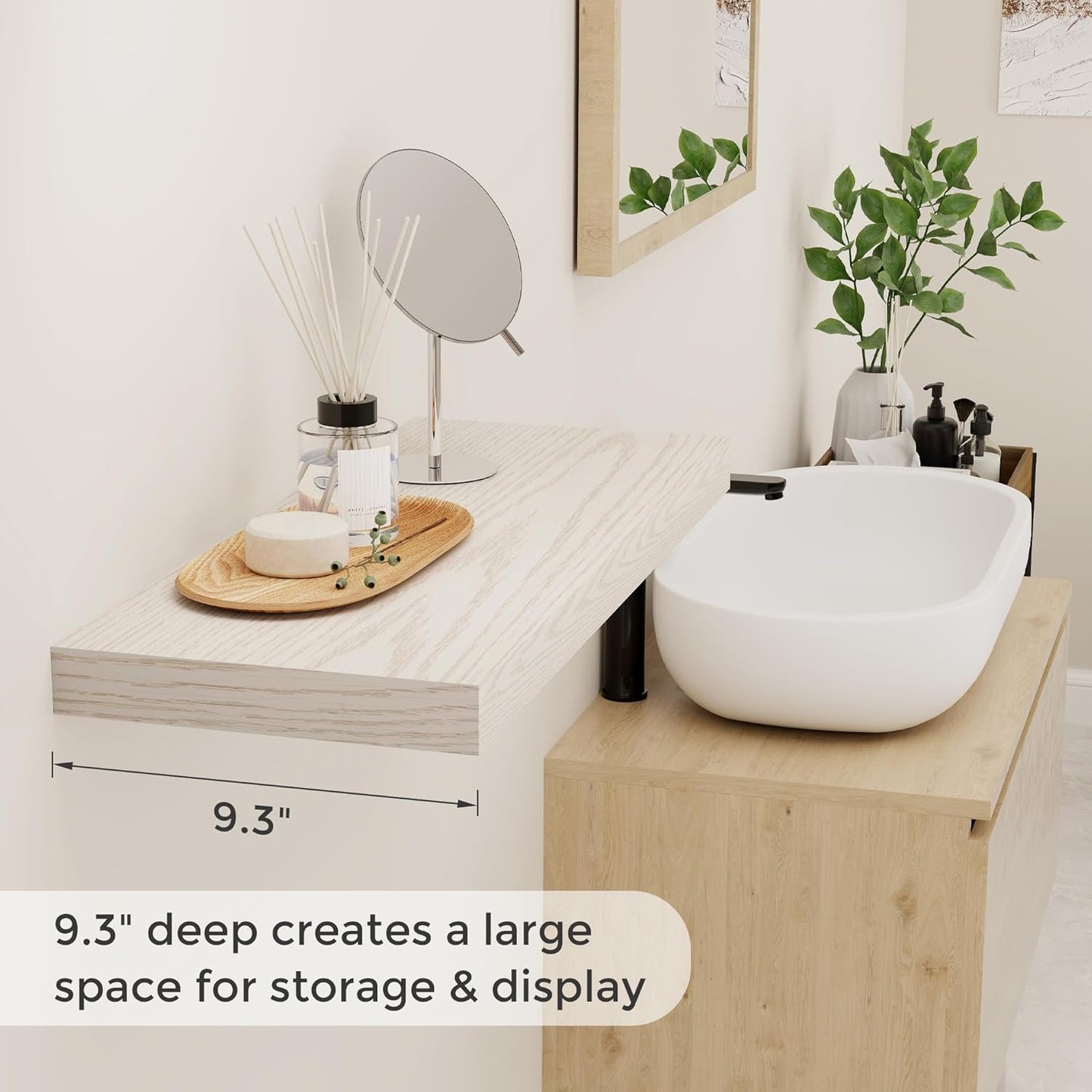 Fun Memories 24 Inch Floating Shelves for Wall, 9.3 Deep Wall Shelves for Home Decor & Storage, 24x9.3x1.5 Large Wooden Shelf with Heavy-Duty Bracket, Deep Shelf for Kitchen, Living Room, Brich Color