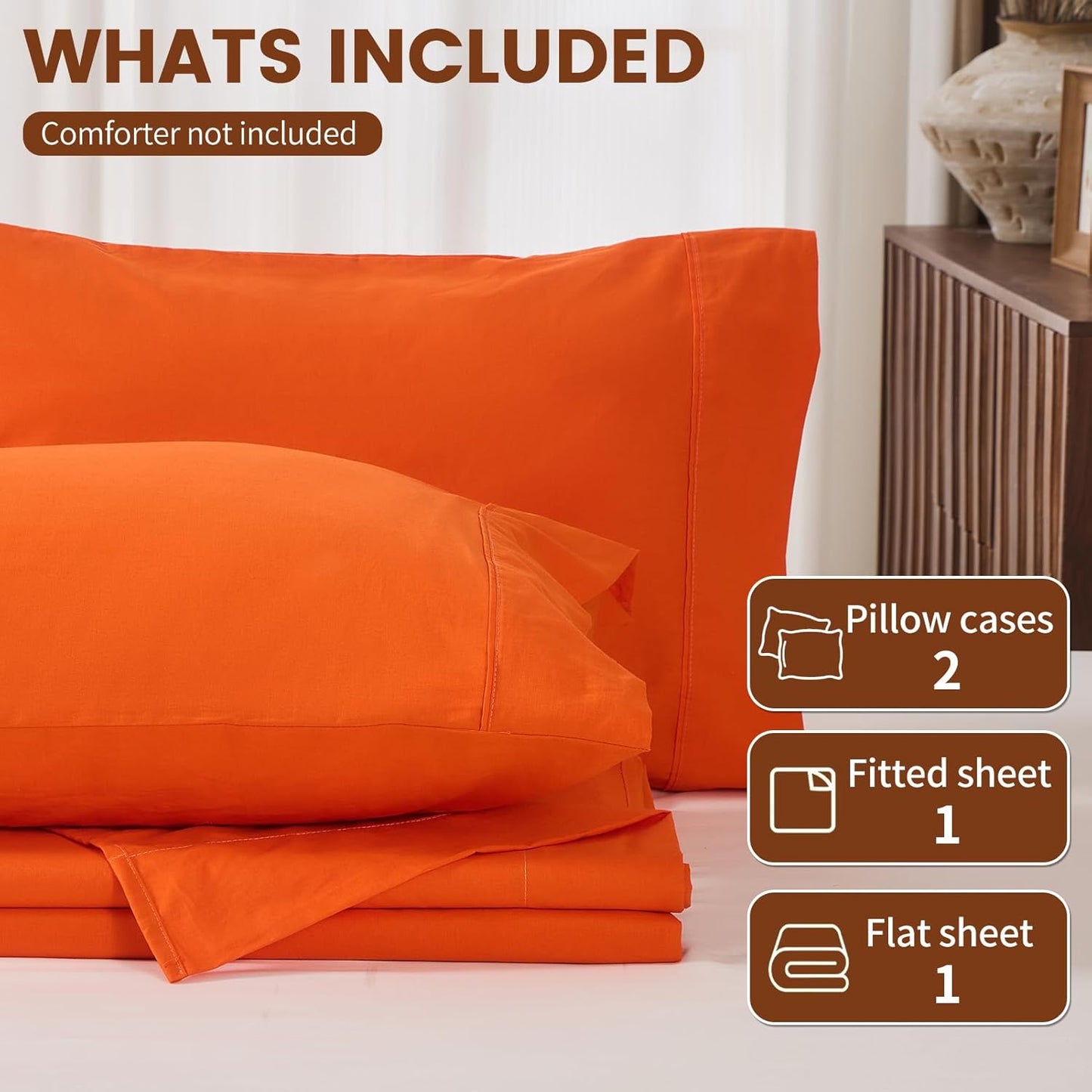 100% Linen Sheets King Size,Breathable & Durable 4-Piece Bed Flax Sheet Set,Soft All-Season Bedding for Hot Sleepers 16" Deep Pocket Oeko-TEX Certified,（King, Orange）