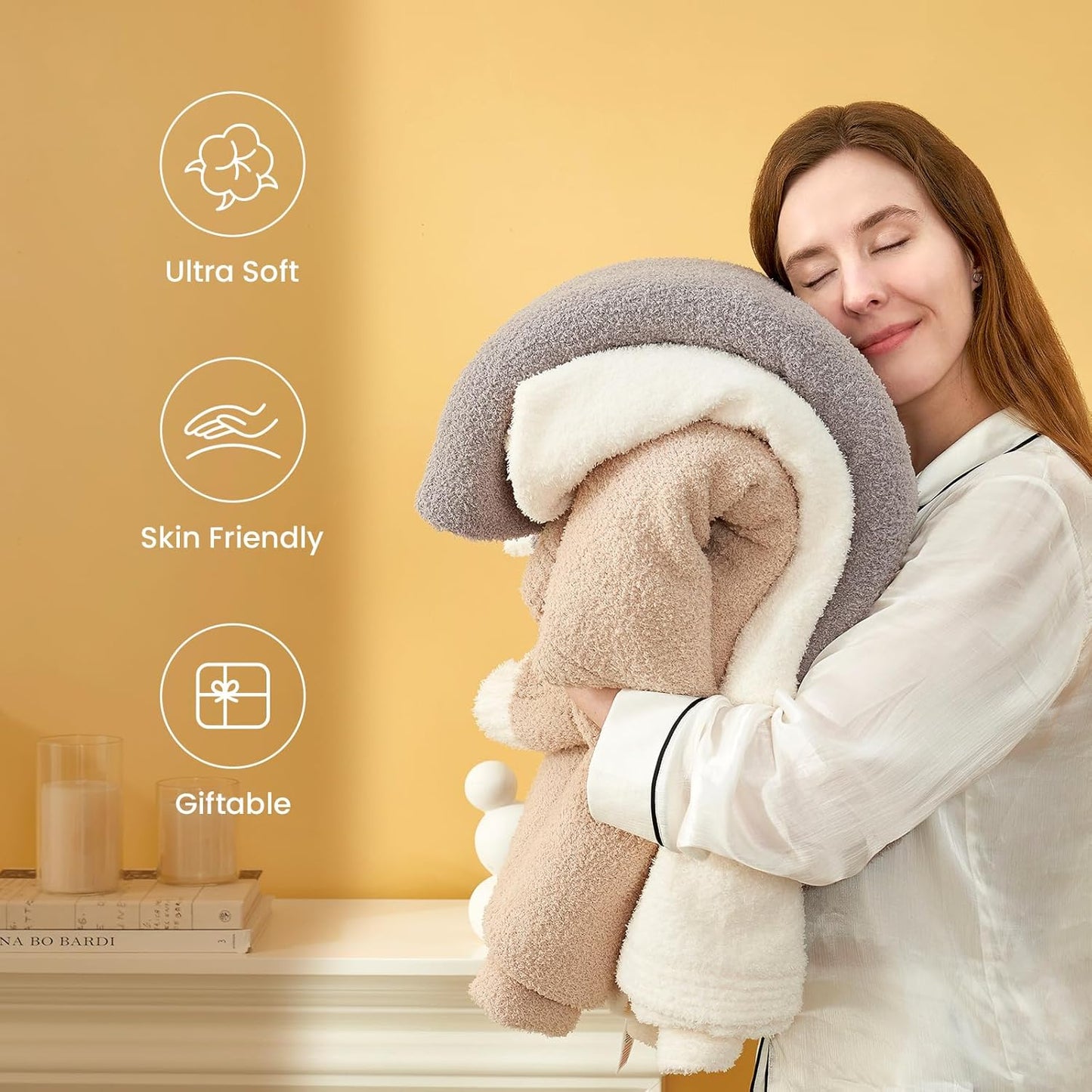 Snuggle Sac Beige Throw Blanket for Couch Bed Sofa 60x80 inches, Reversible Beige Blanket Microfiber Fluffy Fuzzy Cozy Knit Twin Blanket for Women Mothers Birthday Gifts