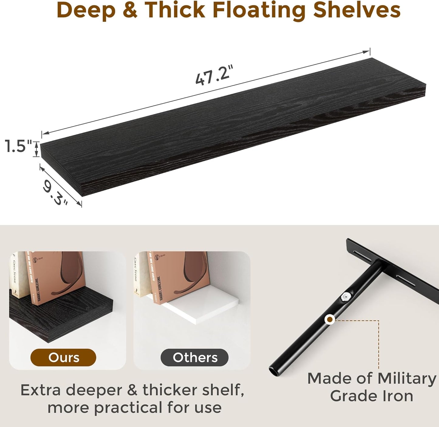 Fun Memories Black Floating Shelves 48 Inch Long, Wood Wall Shelves 48x9.3x1.5, 9.3 Inch Deep Floating Shelf for Wall, Large Black Shelves for Home Decor & Storage, Set of 2