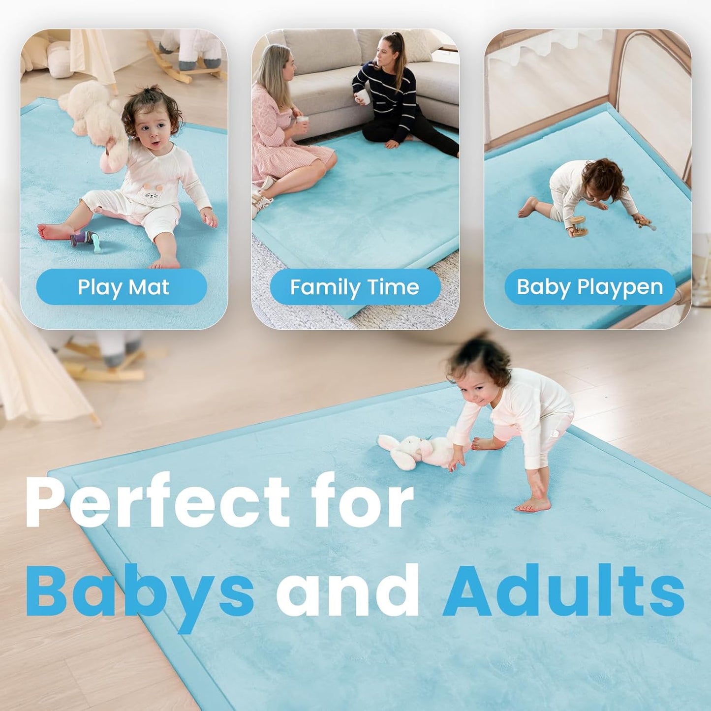 1.3" Thick Baby Play Mat for Floor Playpen, 50x50 Foam Tummy Time Mat, Padded Support Soft Plush Nursery Rug for Infant Kids Toddler Crawling Kick Activity (Ice Blue)