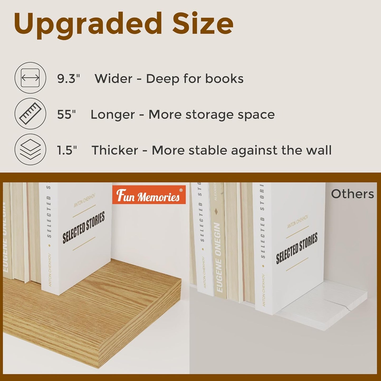 55 Inch Floating Shelves Set of 2, Rustic 55 x 9.3 Floating Shelf for Wall, 9.3 Inch Deep Wall Shelves Invisible Bracket, Large Deep Shelving for Bedroom, Kicten, Living Room, Oak Color