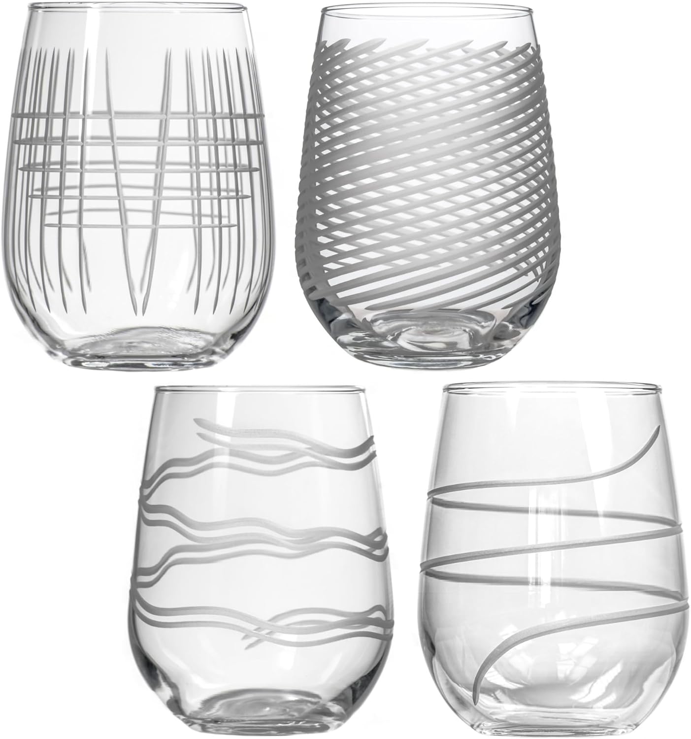 Rolf Glass Symmetry Stemless Wine Glass | 17oz Tumblers | Mixed Contemporary Designs: Cyclone, Twist, Good Vibrations, Matchstick | Made in the USA | Lead-Free, Diamond Engraved Glass | Set of 4