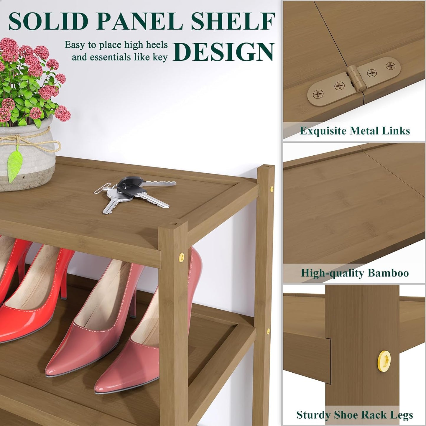 Smiry Bamboo Shoe Rack, 4 Tier Shoe Organizer for Entryway & Closet, Stackable Free Standing Storage Shelf for Shoes, Bags & Plants, Walnut