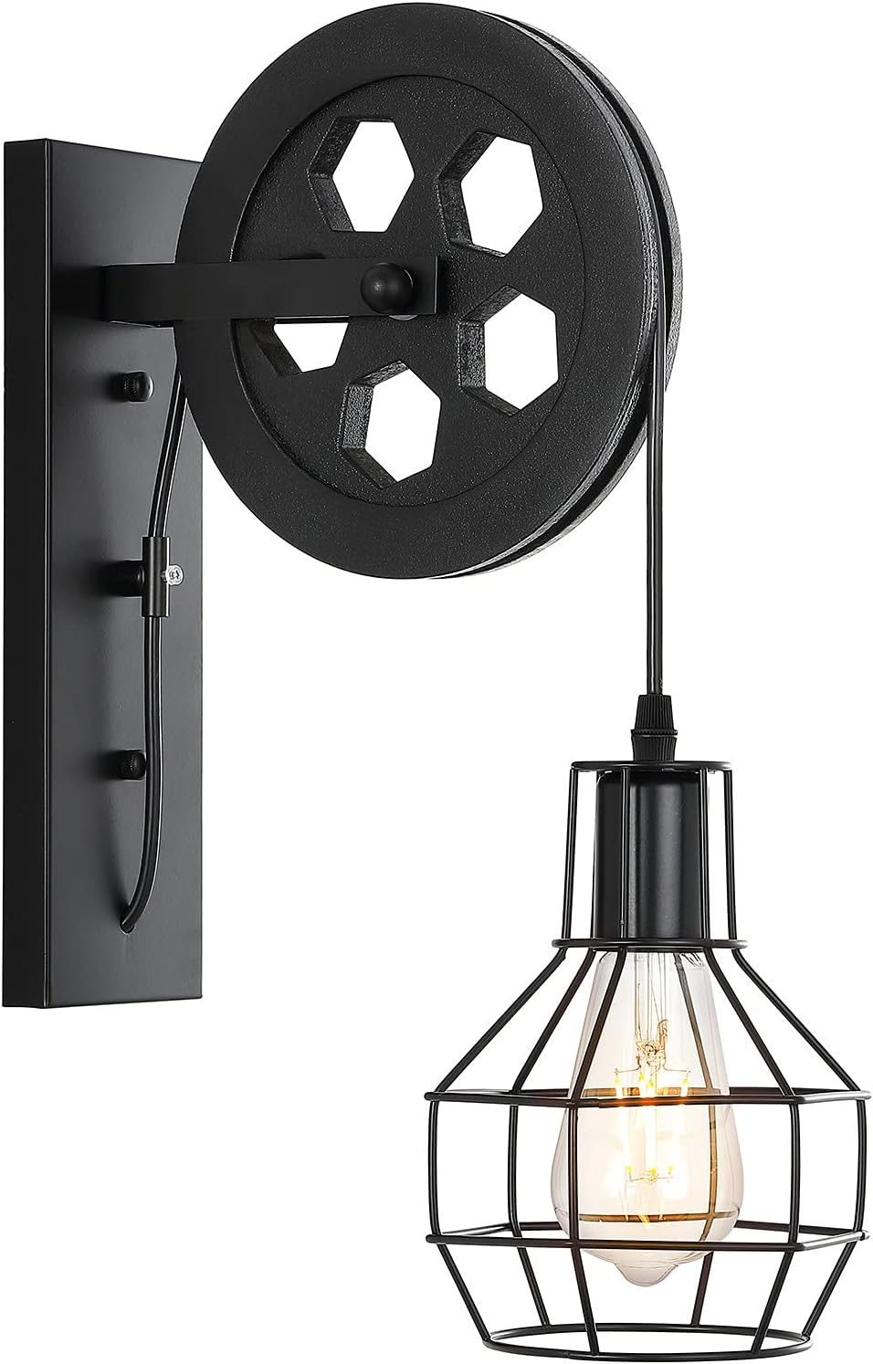 1-Light Rustic Wall Light Lift Pulley with Matte Iron Cage Lampshade Industrial Mid Century Sconce for Indoor Lighting Barn Restaurant (Black Color)