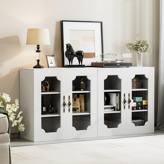 Modular Buffet Storage Cabinet, Glass 4-Door Kitchen Sideboard Buffet Console w/Adjustable Shelves, Wood Modular Organizer for Kitchen Living Room, 63 Inch