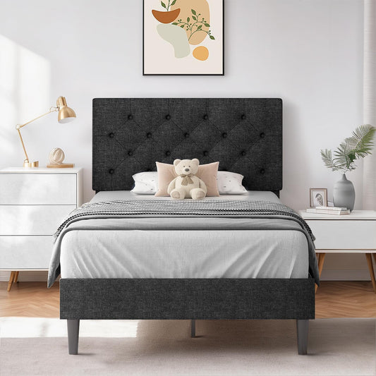 HOMBCK Twin Size Bed Frame with Adjustable Headboard, Linen Fabric Upholstered Bed Frame with Wood Slats, Twin Bed Frames for Kids, Button Tufted Design, No Box Spring Needed, Dark Grey