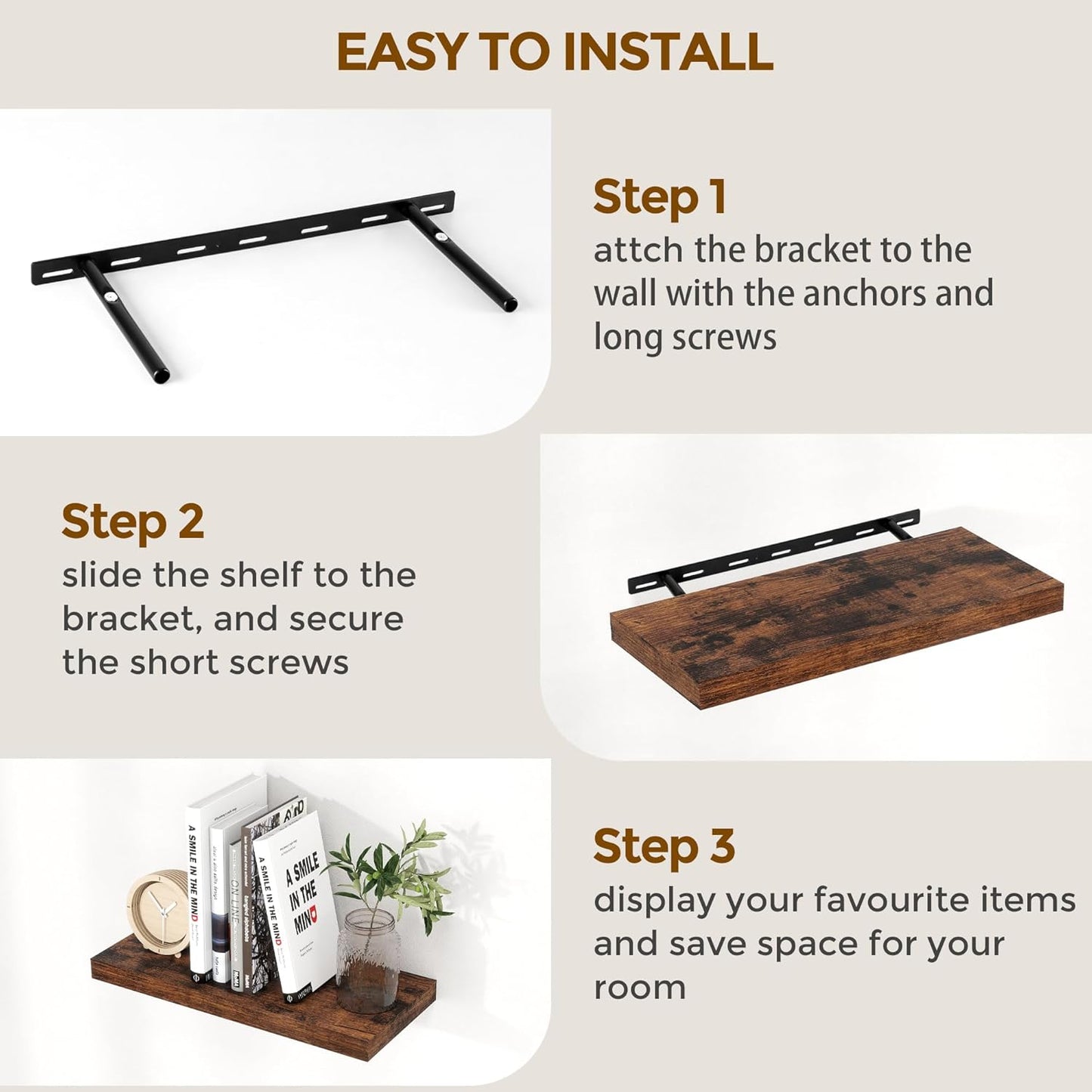 Floating Shelves for Wall, 16x9.3 Wall Shelves Set of 2, Rustic Deep Bathroom Shelf, 9.3 Inch Deep Floating Shelf for Home Decor & Storage, Deep Shelves for Kitchen, Bedroom, Rustic Brown Color