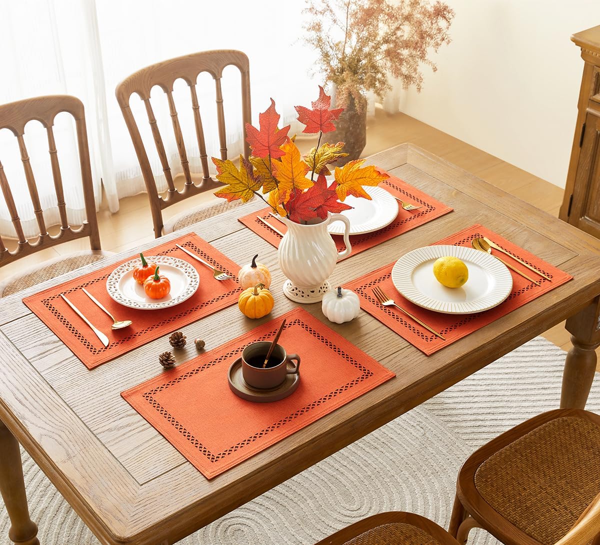 Fall Placemats Set of 4, 12 x 18 Inch Rustic Geometric Hollow Place Mats, Orange Heat Resistant Placemats for Autumn Thanksgiving Farmhouse Table Decor, Orange 4PCS