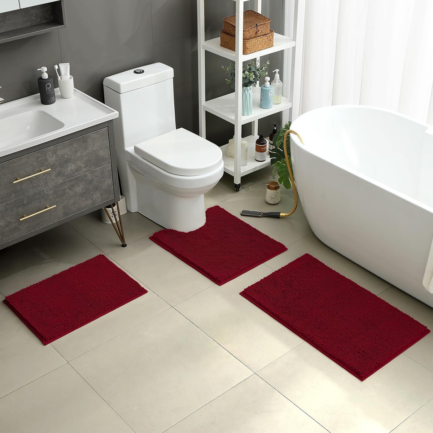 HOMEIDEAS 3 Pieces Bathroom Rugs, Ultra Soft Non Slip Absorbent Chenille Toilet Bath Mat Set (Burgundy,17"x24"+20"x32"+U Shape 20"x24")