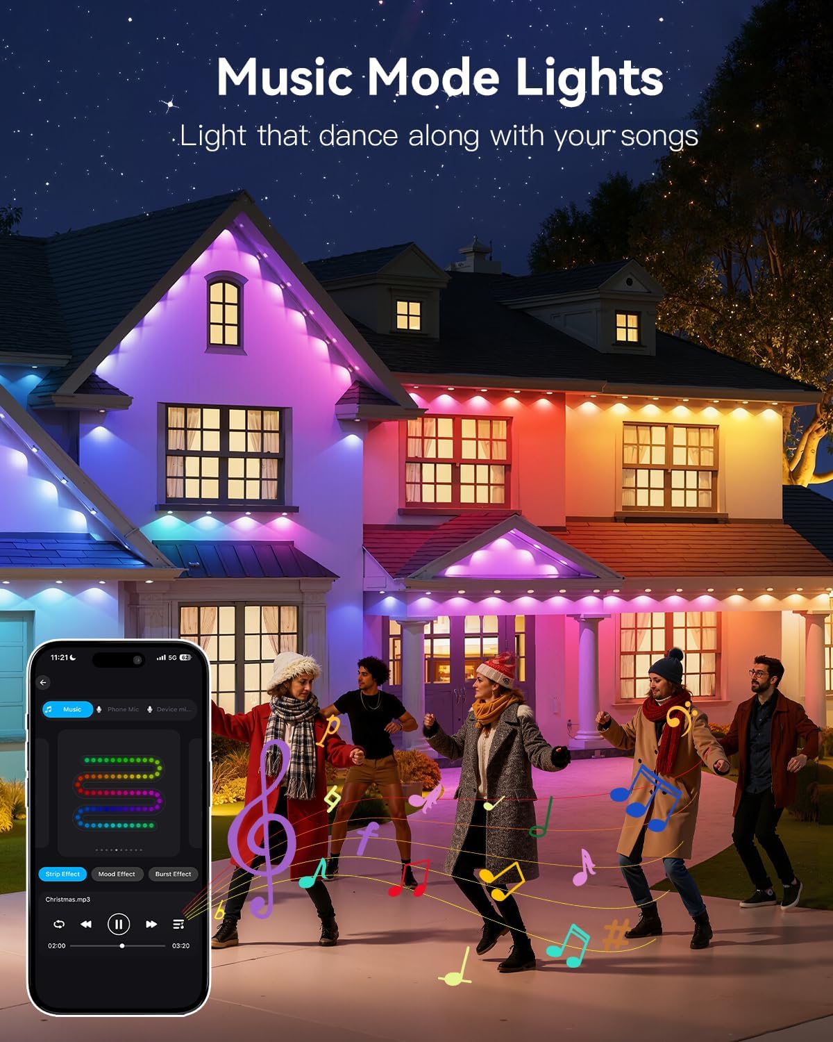 Ollny 100FT 60LED Permanent Outdoor Lights, APP Control RGB Outdoor Lights 100 Scene Modes with Remote, DIY Music Modes Christmas Light for Holiday Xmas Halloween Decorations