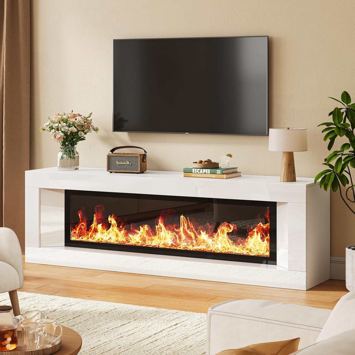 High Gloss Fireplace TV Stand with 47" Electric Fireplace, 63" Entertainment Center with Fireplace, Modern Wood TV Console with 12 Electronic Flame Colors for Living Room, White