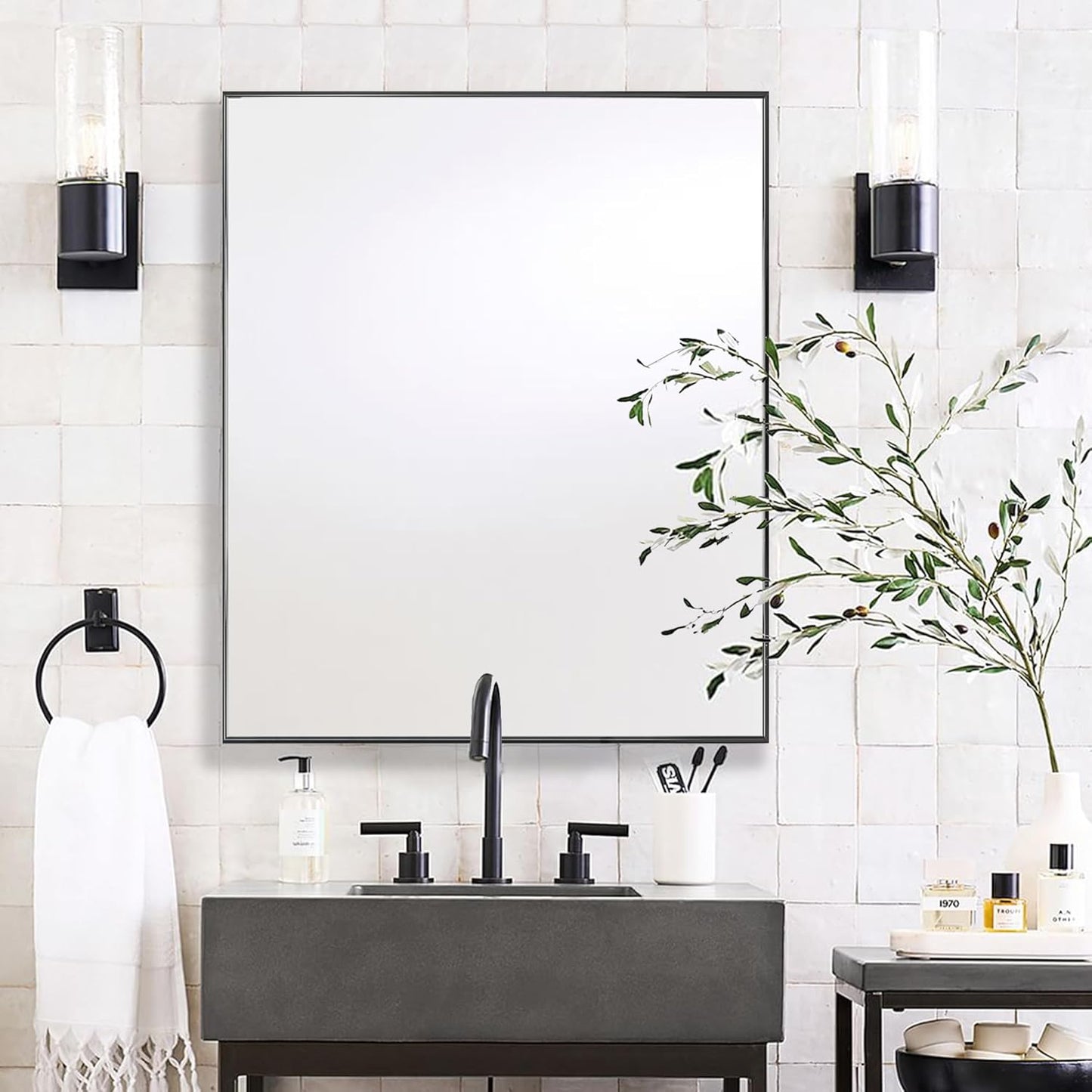 24x32 Inch Black Bathroom Mirror for Wall, Aluminum Frame Rectangle Rectangular Vanity Mirror, Modern Large for Bedroom, Living Room, Horizontal or Vertical