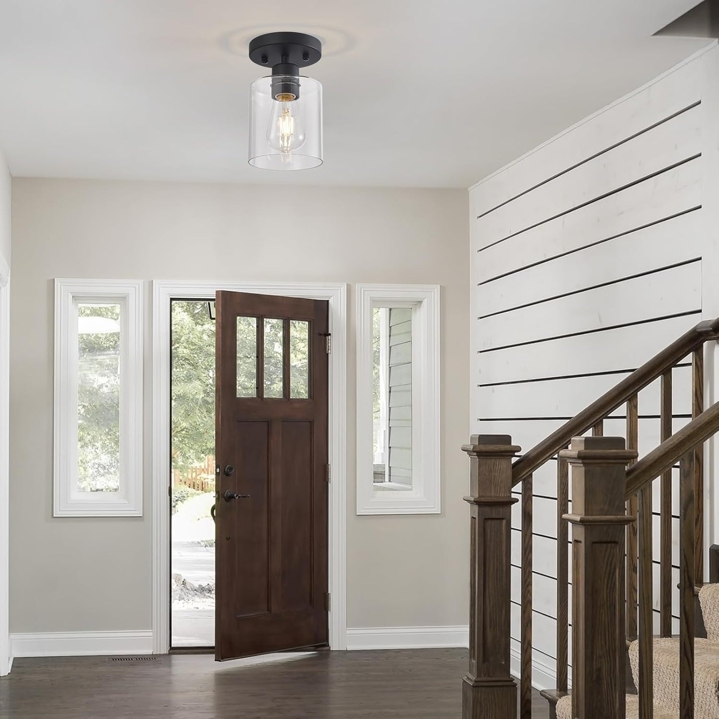 1 Light Semi Flush Mount Ceiling Light Black Kitchen Lighting Fixtures Ceiling Light Fixtures Small Hallway Lights with Clear Glass Shade for Bedroom Set of 2