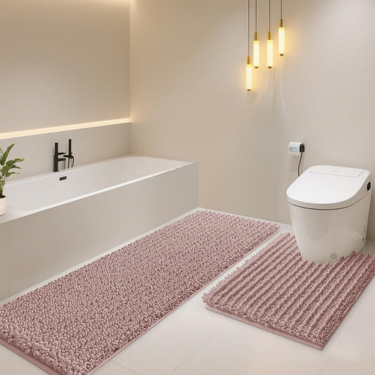 Upgrade Luxury 2 Piece Dusty Pink Toilet Bathroom Rug Mat U Shape 24"x20"+48"x20", Ultra Soft Thick Absorbent Bath Mats, Non Slip Chenille Toilet Mat for Bathroom, Bedroom, Kitchen, Shower, Tub