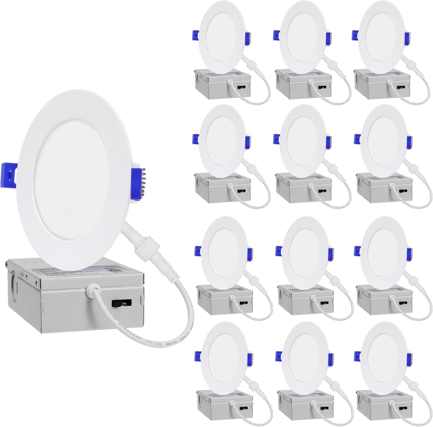 LAMPHOME 12-Pack of 4-Inch Slim LED Recessed Lights with Junction Box, Adjustable Color Temperatures (2700K-5000K), 9W Equivalent to 75W, Dimmable, 950LM Brightness - ETL and Energy Star Certified