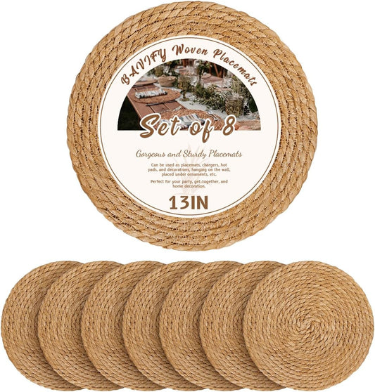 13 in Round Woven Boho Placemats Set of 8, Wicker Rattan Place Mats Chargers for Dinner Plates, Farmhouse Rustic Table Mats for Dining Table Decor