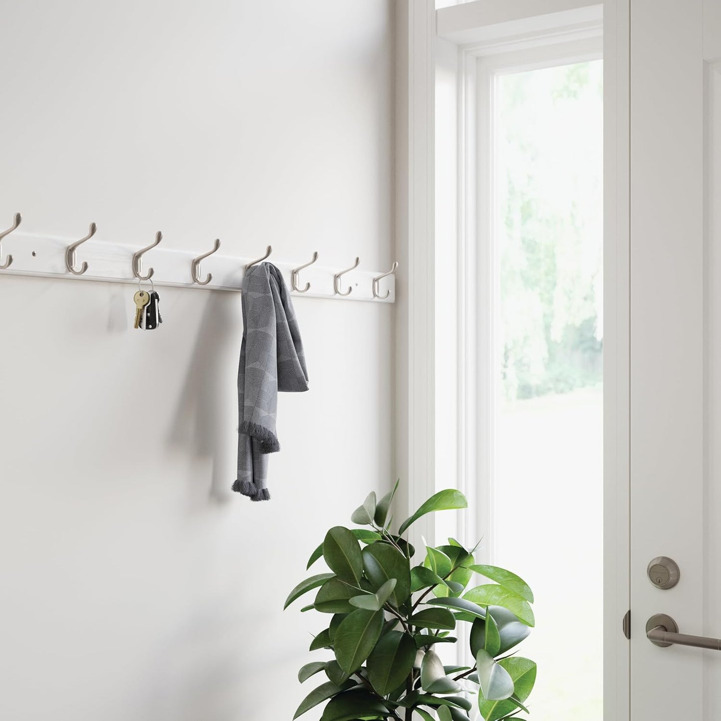 FRANKLIN BRASS Casual Curve Wall Mounted Pure White 45 in. Coat Rack, 6 Nickel Hooks, B46719K-PMN-R