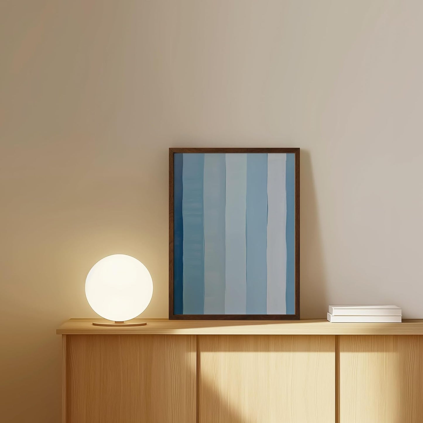 HAUS AND HUES Modern Abstract Wall Art - Blue and Green Living Room Art, Modern Artwork for Walls, Minimalist Picture for Living Room(Painted Stripes, Walnut Frame, 12x16)