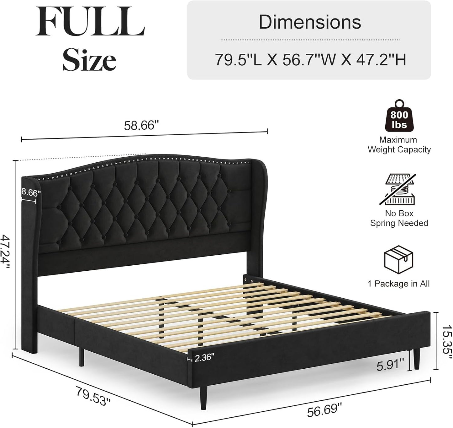 Belffin Full Size Bed Frame with Headboard, Luxury Upholstered Velvet Platform Bed with Wingback, Button Tufted & Nailhead Trim, Anti-Slide Tall Footboard, No Box Spring Needed, Noise-Free, Black