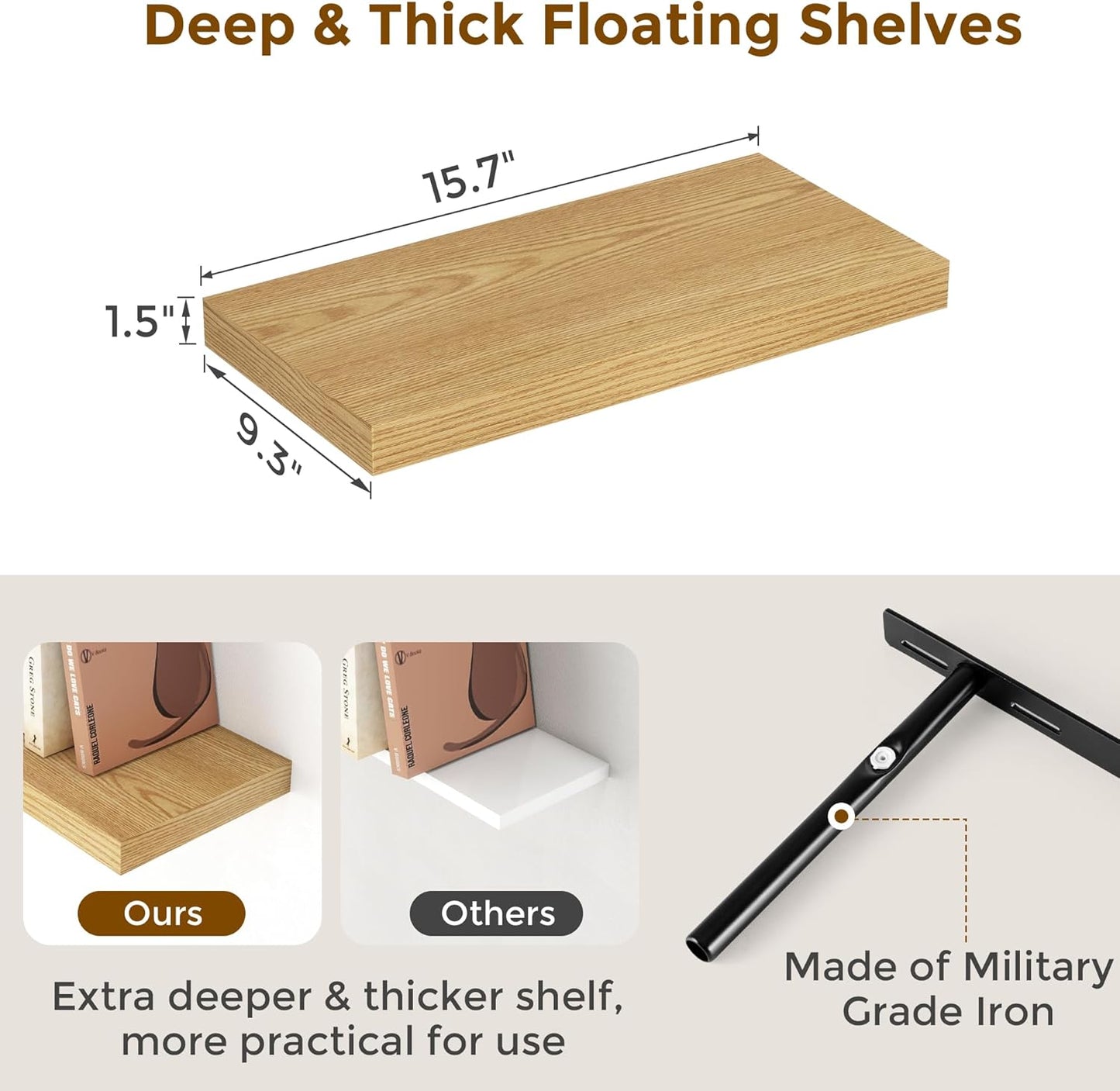 Fun Memories Floating Shelves for Wall, 16x9.3 Wall Shelves Set of 2, Rustic Deep Bathroom Shelf, 9.3 Inch Deep Floating Shelf for Home Decor & Storage, Deep Shelves for Kitchen, Bedroom, Oak Color