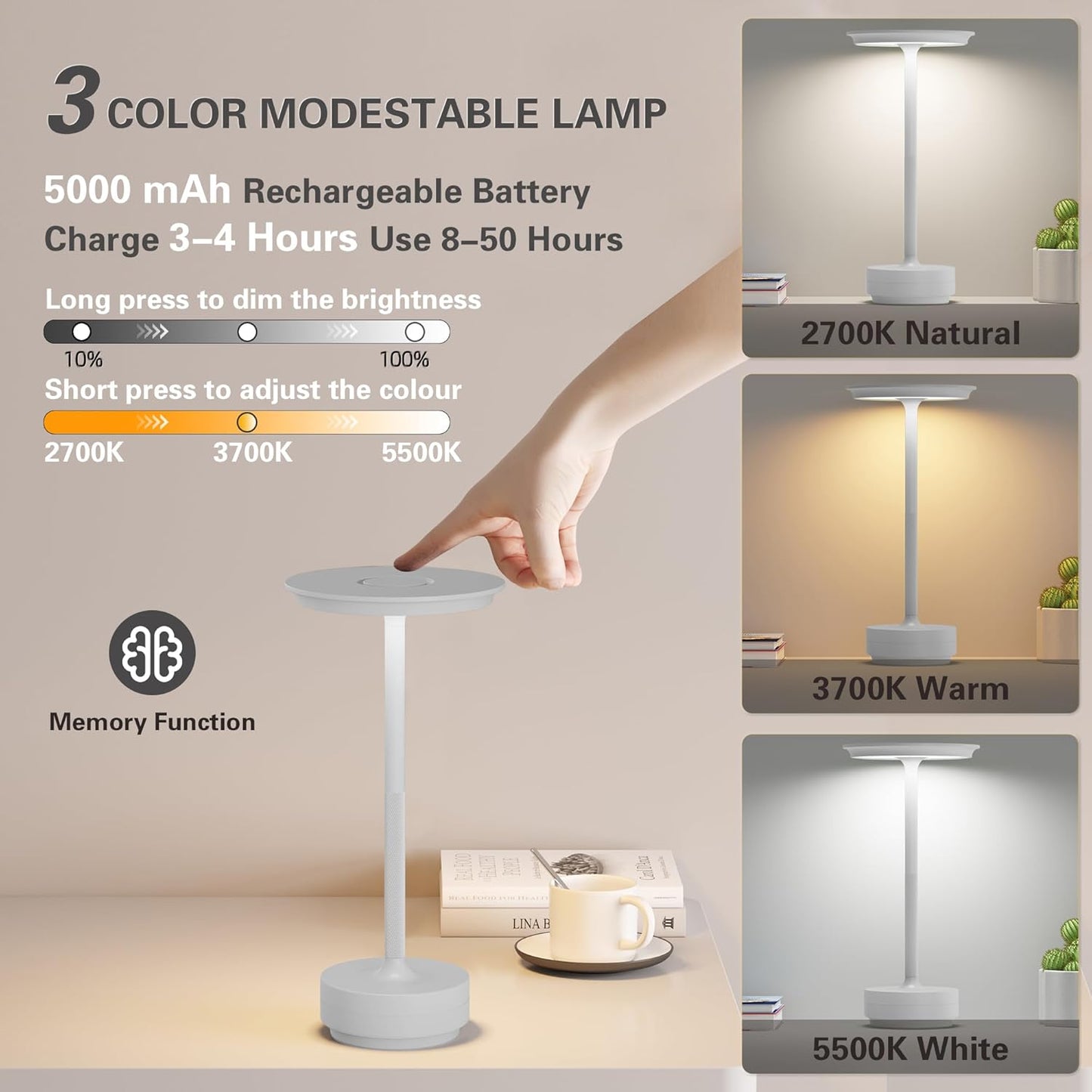 Table Lamp Table Lamps 2P Wihte Cordless Rechargeable Portable LED 5000mAh 3-Level Brightness Memory Function Battery Operated Restaurant Cafe