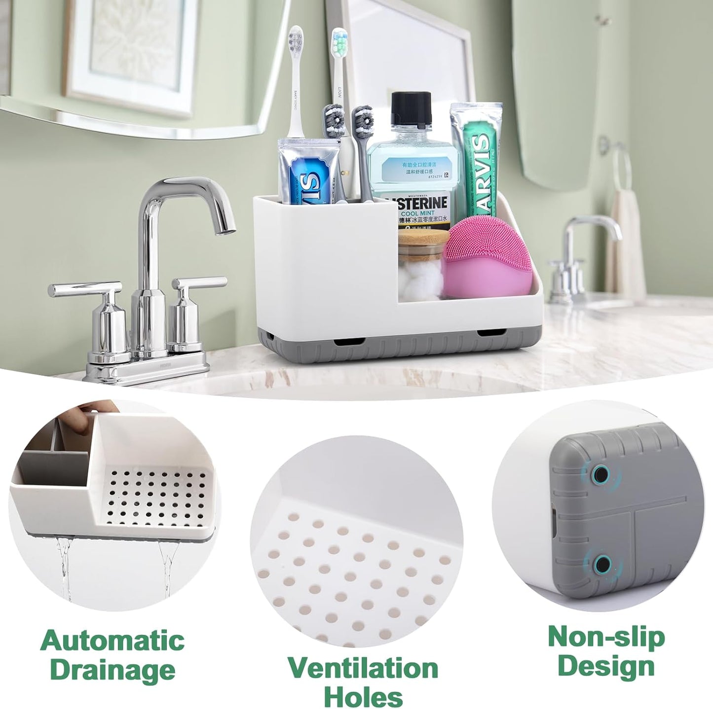 Toothbrush Holders for Bathrooms, Kids Electric Toothbrush and Toothpaste Holder with Drainage, Tooth Brush Holder for Bathroom Countertop Organizer (Grey)