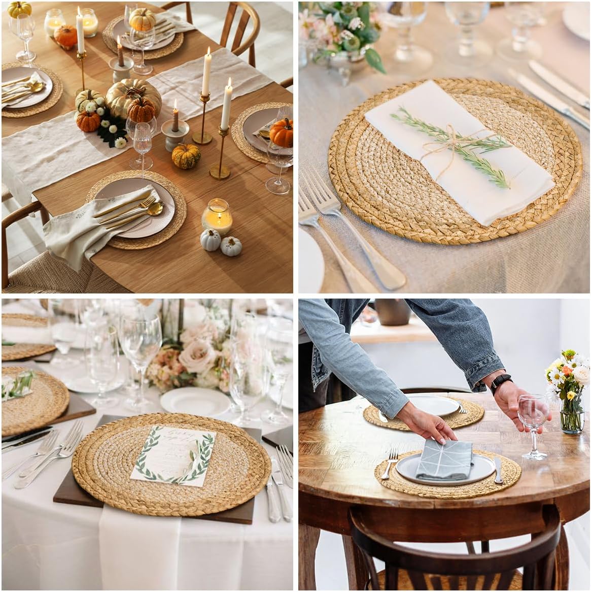 13 in Round Woven Placemats Plate Chargers Set of 8, Boho Farmhouse Rustic Place Mats for Dinner Plates, Rattan Wicker Braided Table Mats Chargers for Dining Table Decor