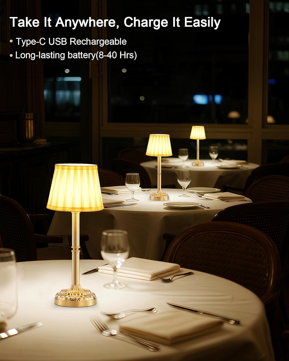 Vintage Brass Cordless Rechargeable Table Lamp with Fabric Shade – Small Battery Operated Lamp, 3-Level Dimmer, Portable Wireless Lighting for Restaurant Dining Bedside Kitchen Living Room Patio