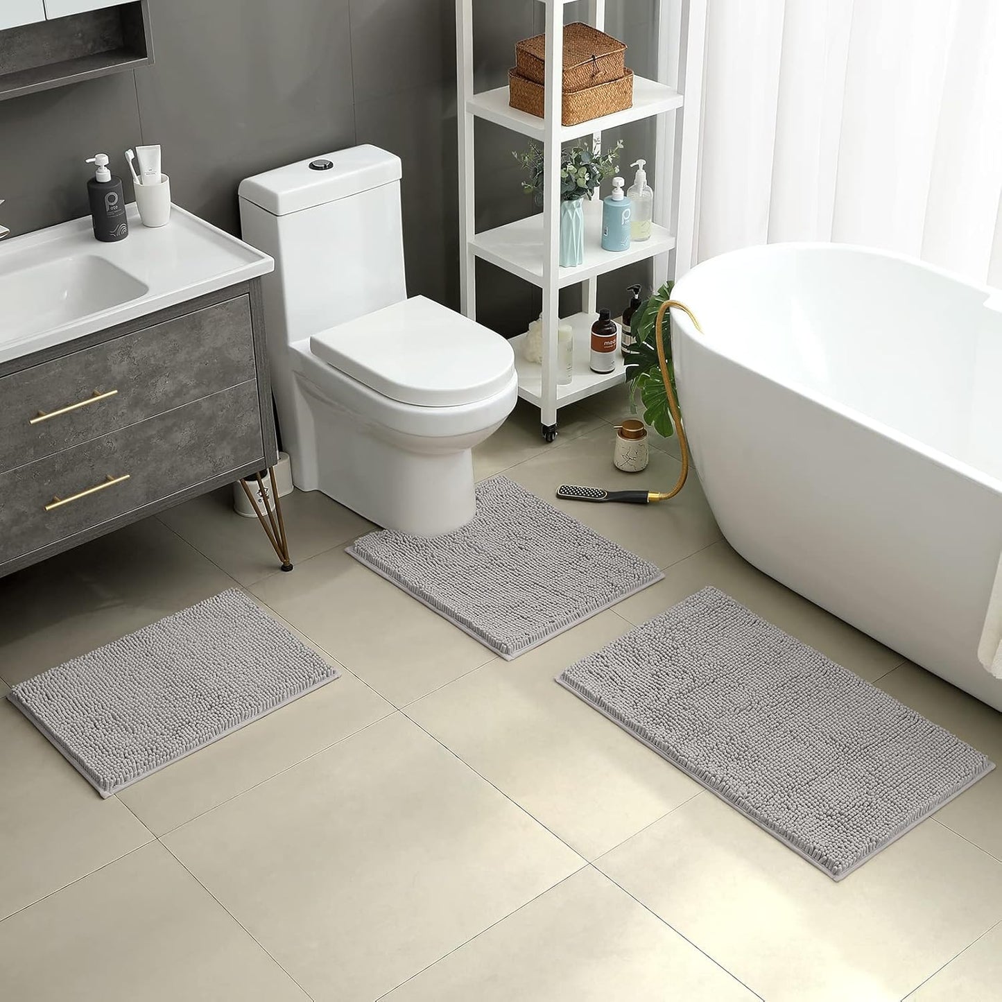 HOMEIDEAS 3 Pieces Bathroom Rugs, Ultra Soft Non Slip Absorbent Chenille Toilet Bath Mat Set (Light Grey,17"x24"+20"x32"+U Shape 20"x24")