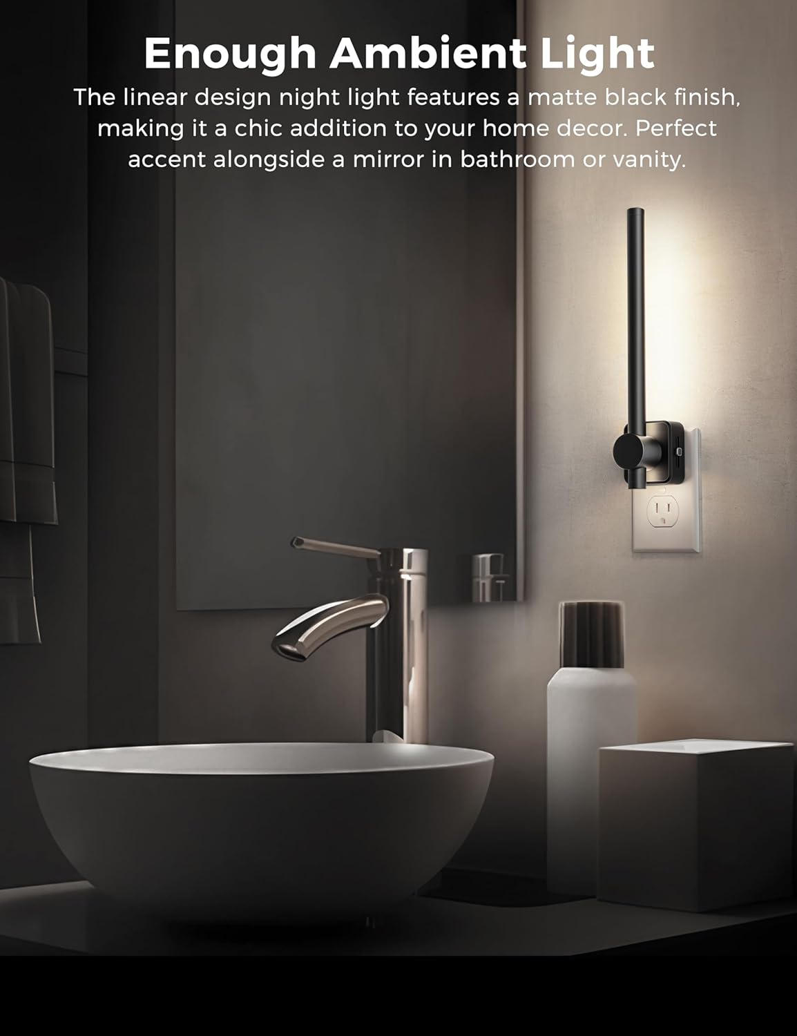 L LOHAS LED Night Light, Dimmable Night Lights Plug into Wall 0-200LM, Dusk to Dawn Sensor, 2W Bathroom Night Lights, Daylight 5000K, Modern Black Plug in Nightlight for Mirror Restroom,1Pack