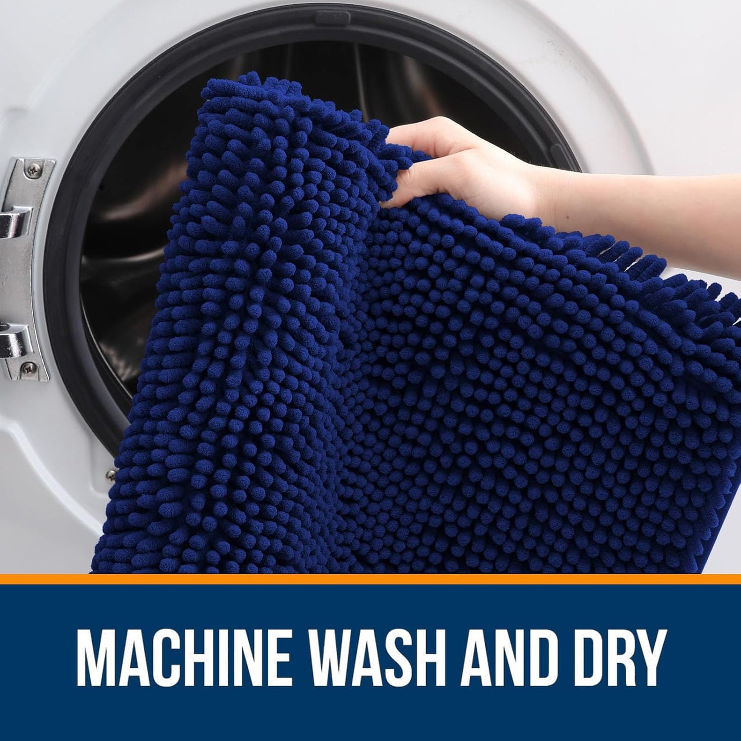 OLANLY Bathroom Rugs Sets 2 Piece, Soft Absorbent Chenille Bath Mats and U-Shaped Contour Toilet Mat Area Rug Set, Machine Washable Bath Carpet, Home Decor Accessories(30"x20"+24"x20", Navy)