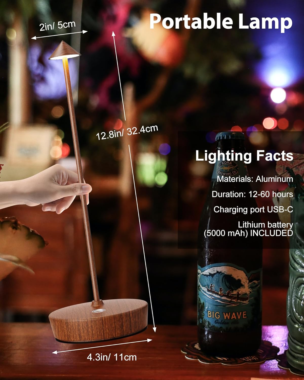 Cordless Table Lamps Rechargeable, 6000mAh Battery Operated LED Desk Lamp Outdoor Waterproof Portable Touch Dimmable Table Night Light for Patio Restaurant Dining Home Set of 2 Wood Grain