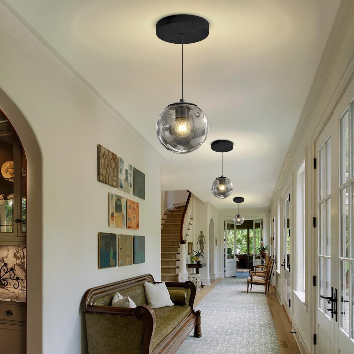 1-Light Black Pendant Light Fixtures Modern Smoke Gray Glass Globe Pendant Lights Kitchen Island Adjustable Hanging Lights Globe Stairwell Lighting Black Chandelier for Dining Room