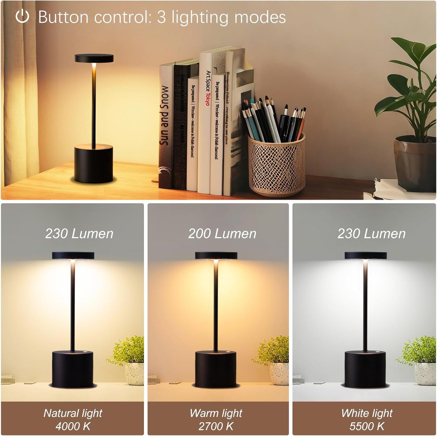 2 Pack Cordless Rechargeable Table Lamp, 3 Color Temperature & Dimmable, IP54 Waterproof Battery Operated Portable LED Light for Outdoor, Patio, Restaurant, Bedside, Shower (Matte Black)