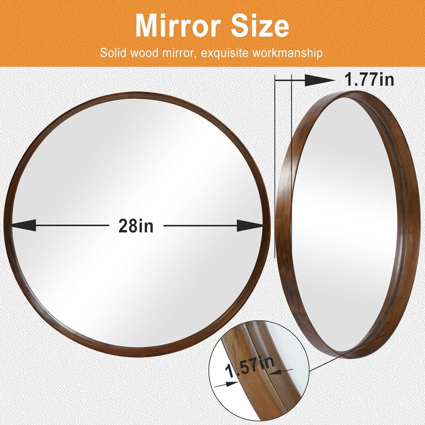 Round Wood Frame Mirror 28 Inch, Brown Wall Circle Mirror for Bathroom, Nursery, and Wall Decor - Large