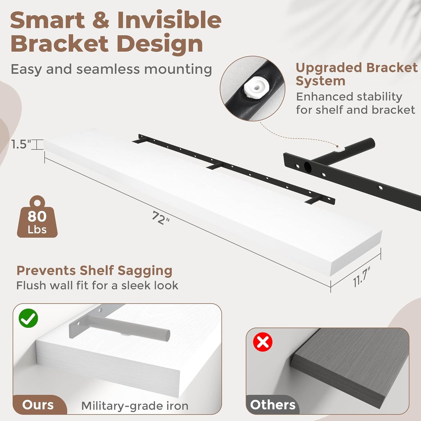 Floating Shelves for Wall with Invisible Brackets, Wall Mounted Engineered Wood Shelves with Wood Grain for Living Room, Bedroom, Bathroom, Kitchen Decor and Storage, Oak, 71"L Set of 2, White