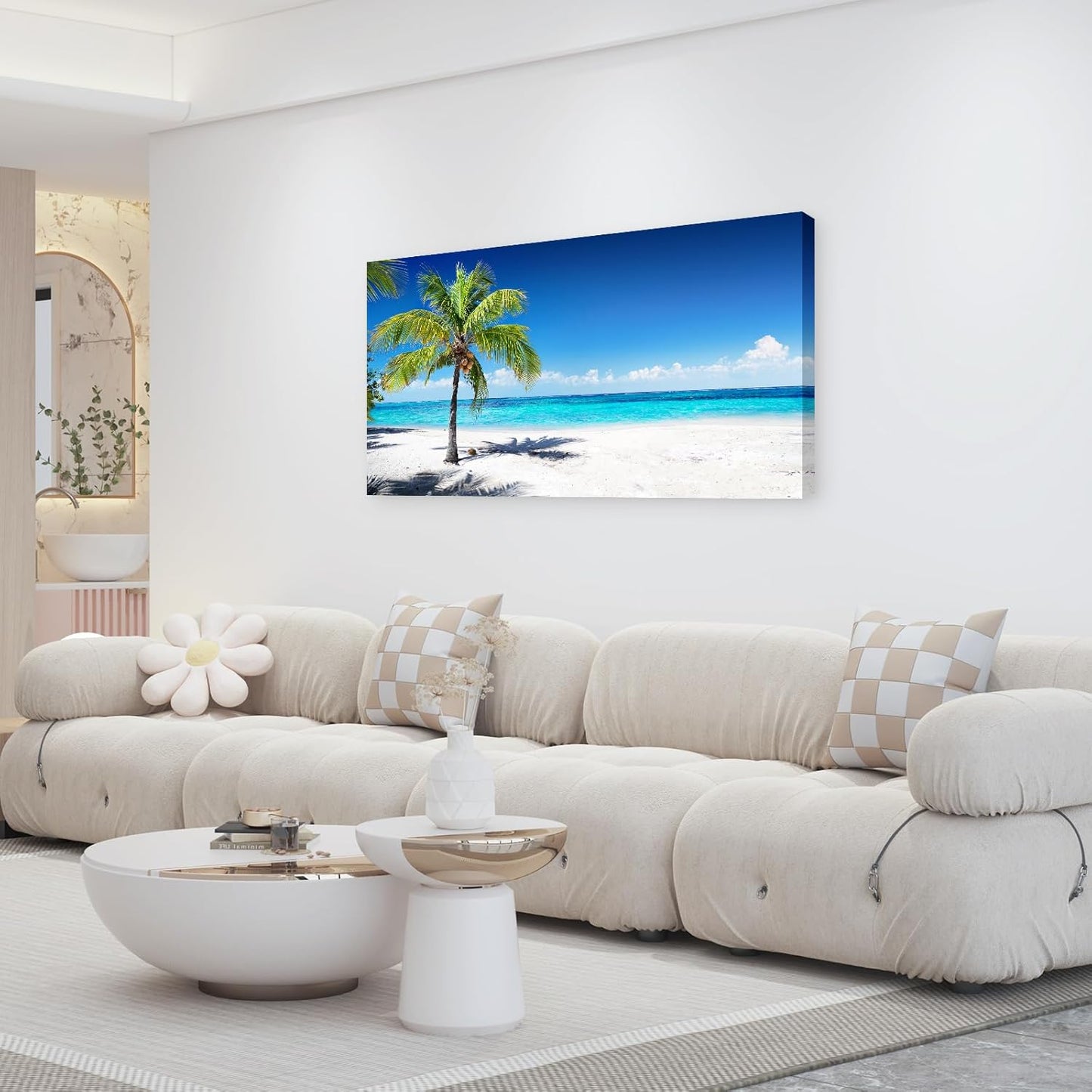 Baisuart-S03998 Large Canvas Wall Art Summer Ocean Waves Prints Coconut Trees on Sands Beach Seascape Painting Sea Nature Pictures Framed for Living Room Home Office Wall Decor Artwork
