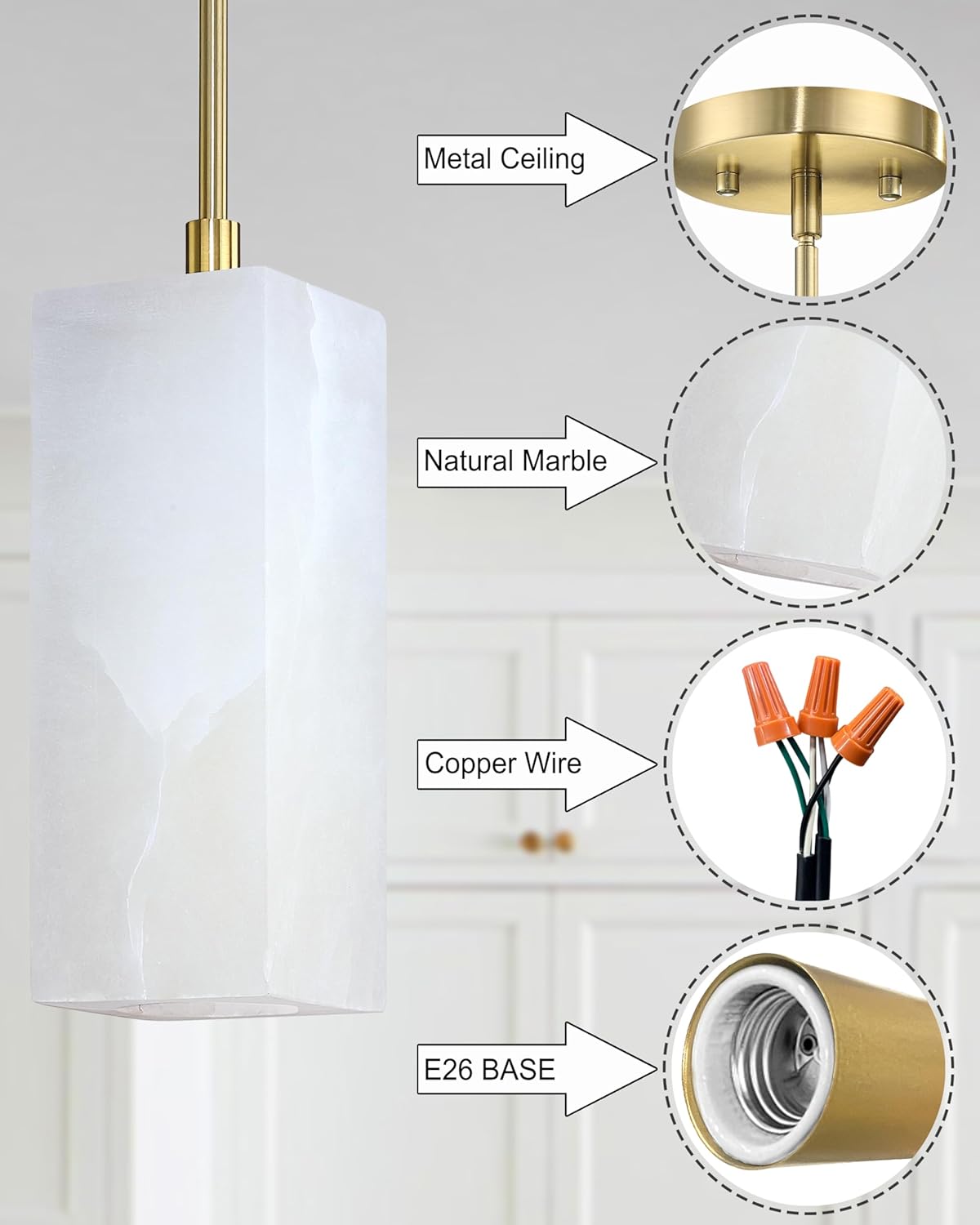 1 Light Modern Industrial Farmhouse Hanging Kitchen Island Pendant Ceiling Light Fixture,Square Natural Alabaster Marble Brushed Bronze Finish Over Sink Restaurant bar Corridor