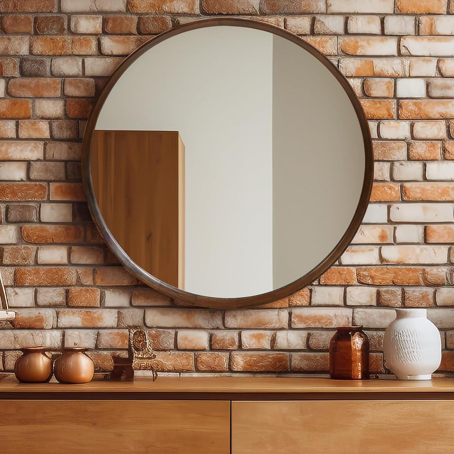 Round Wood Frame Mirror 28 Inch, Brown Wall Circle Mirror for Bathroom, Nursery, and Wall Decor - Large