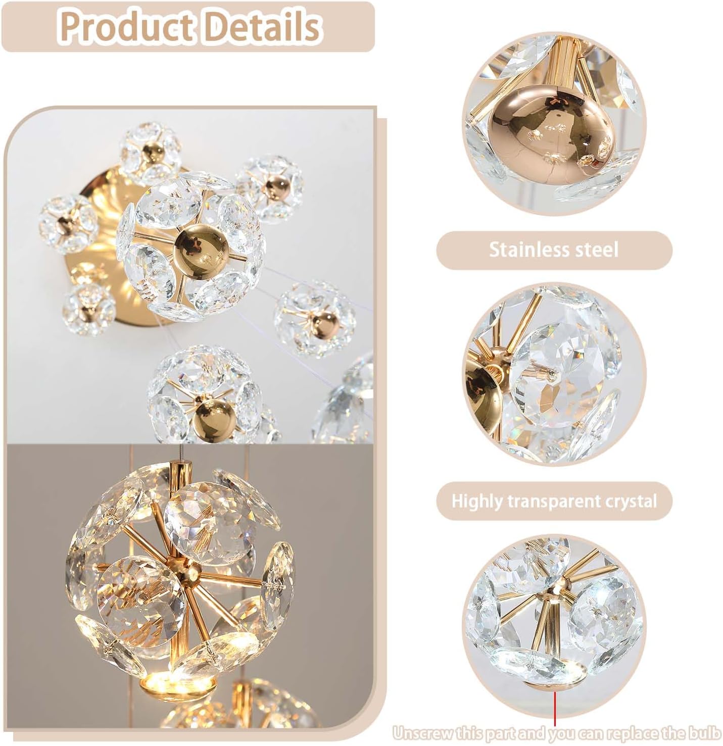 10-Light LED Staircase Modern Pendant Light Gold Crystal Ball Chandeliers Large Chandeliers for High Ceilings, Entryway Lighting Fixture Villas and Stairs