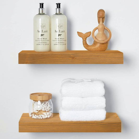 Homeforia 16 inch Golden Oak Floating Shelf, High End Solid Real Wood 16inch Small Floating Shelves for Wall Mounted, Oak Wooden 16in Floating Shelves, Heavy Duty Bracket, 16 X 6.5 X 1.75 in, Set of 4