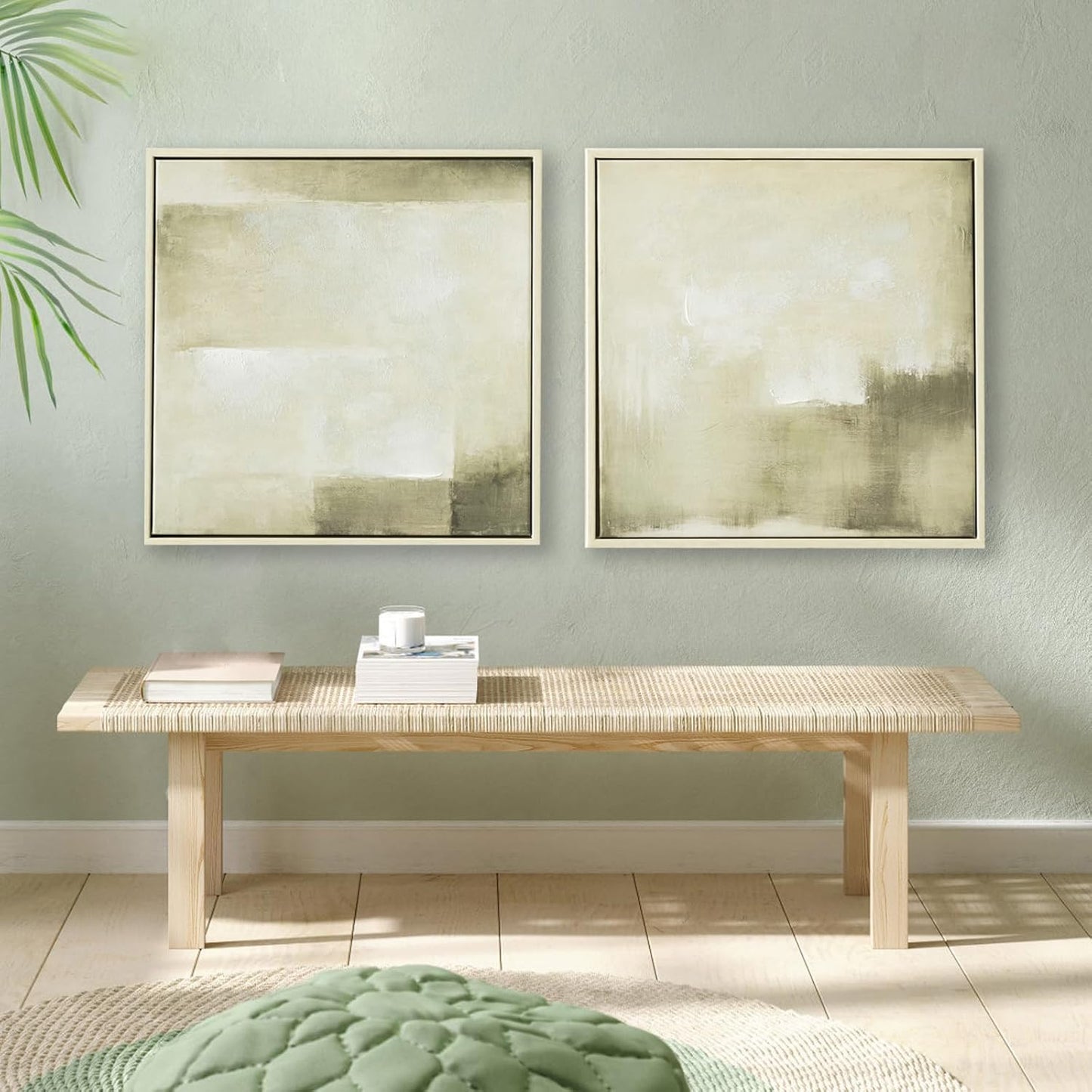 Framed Green Abstract Wall Art, Hand Painted Modern Canvas Print Artwork, Square Minimalist All Green Abstract Pictures for Living Room, Hallway Fireplace Bedroom Home Office Wall Decor 17x17 In 2pack