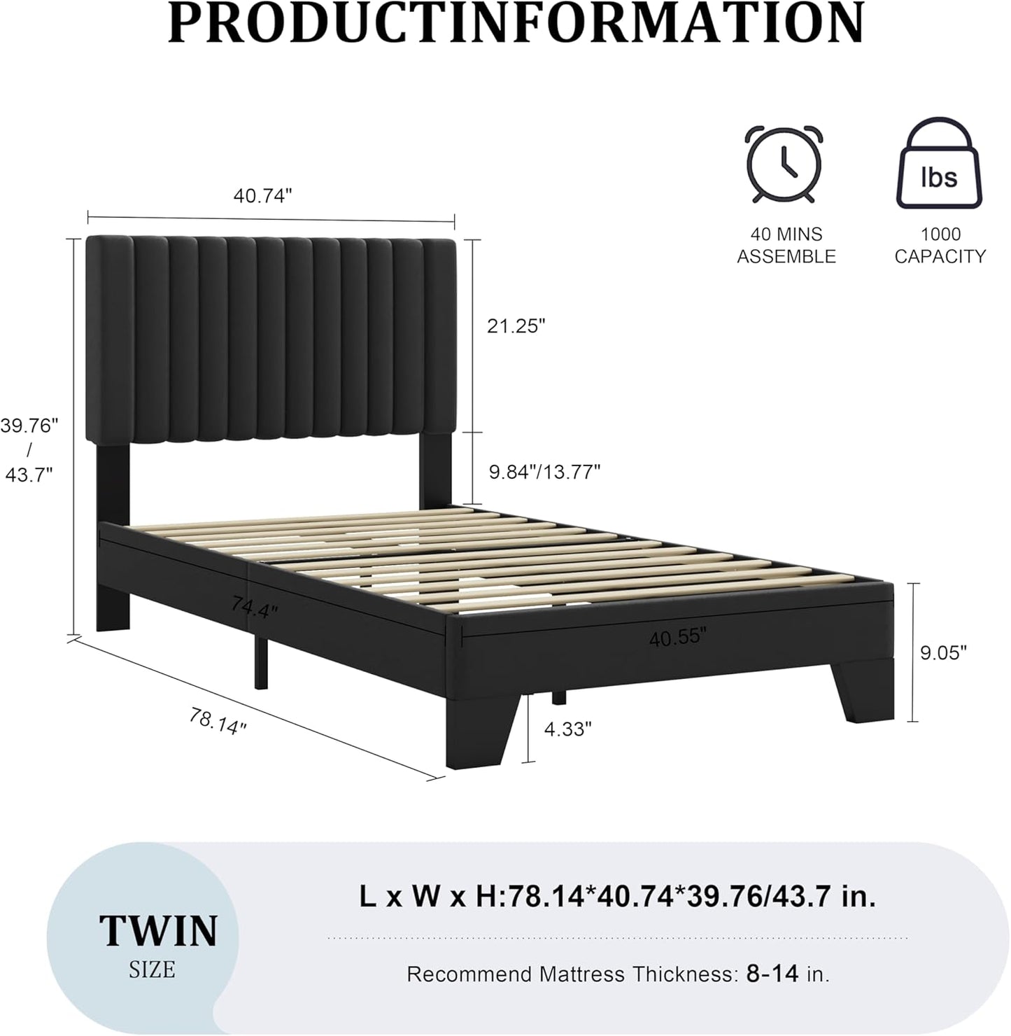 Twin Size Bed Frame with Adjustable Tufted Headboard – Velvet Upholstered Platform Bed, Sturdy Frame & Slats, No Box Spring Needed, Noise-Free, Easy Assembly (Black, Twin)