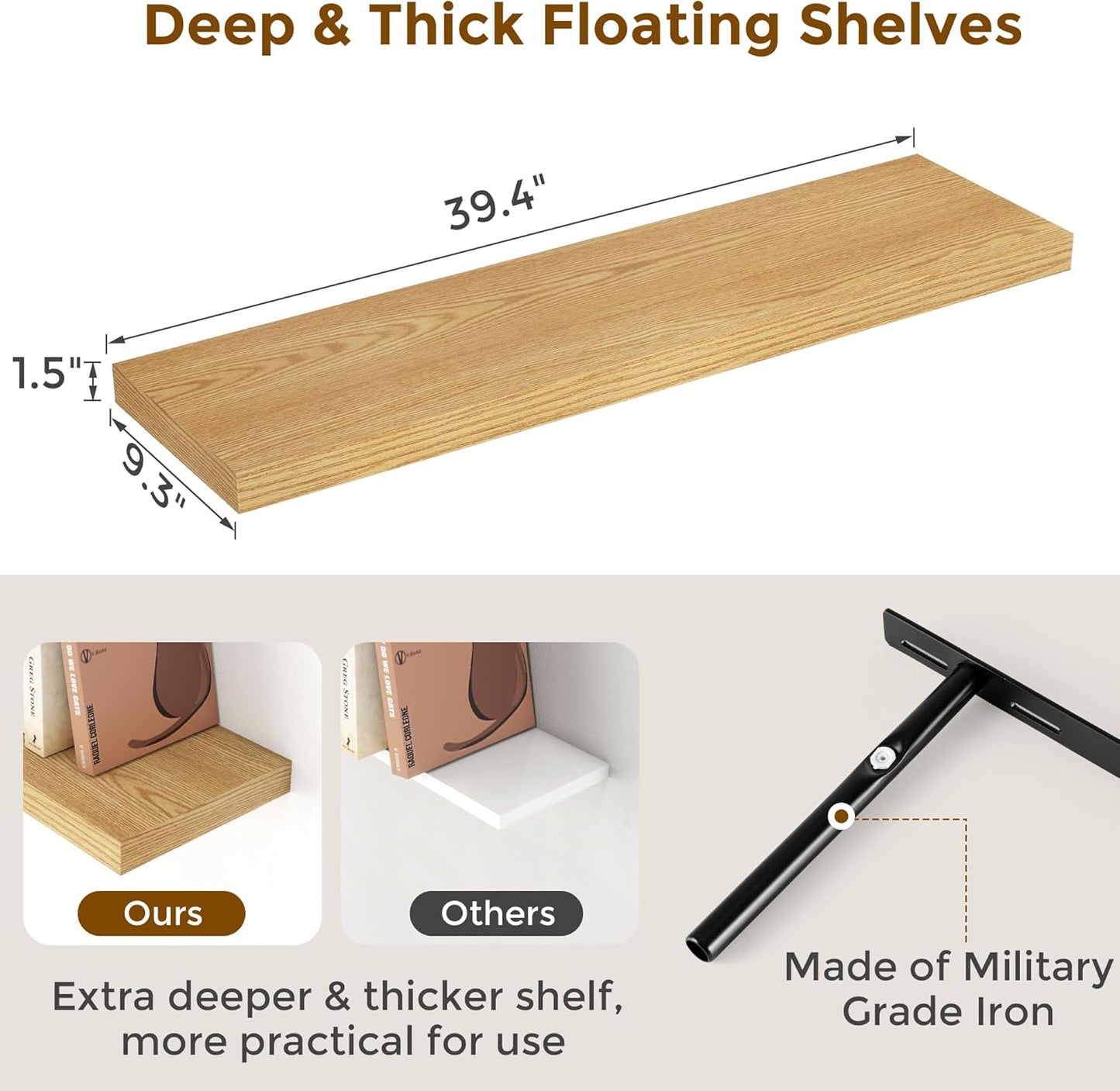 40 Inch Floating Shelvese, 40" W x 9.3" D Floating Shelf Set of 2, Farmhouse Wood Wall Shelves for Bedroom, Kitchen, Wall Mounted Deep Shelving for Home Decor, Oak Color