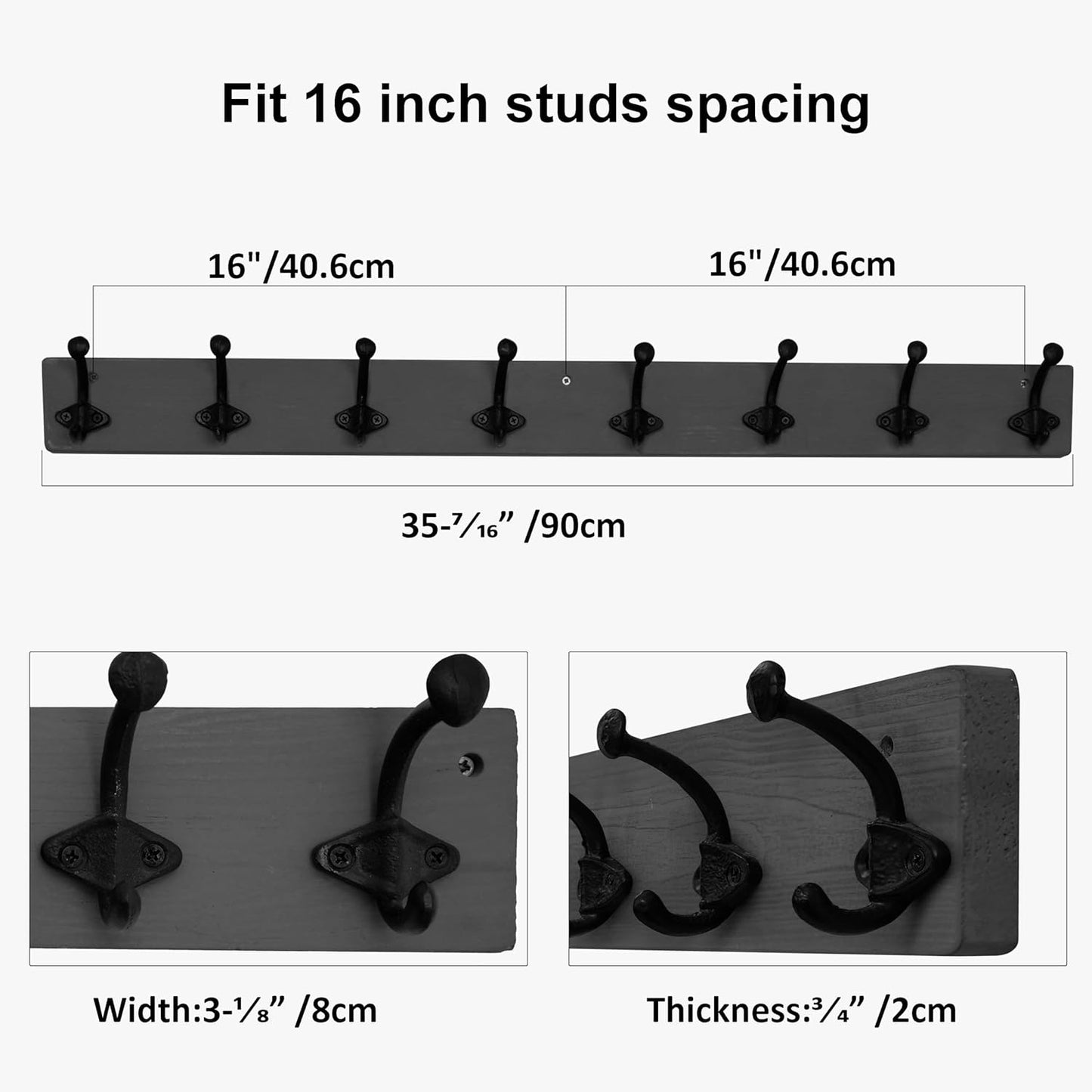WEBI Rustic Coat Rack Wall Mount, 35.43" Long 8 Cast Iron Coat Hooks, Heavy Duty Wall Coat Hanger Hooks for Hanging Clothes, Jacket - Grey, 2 Packs