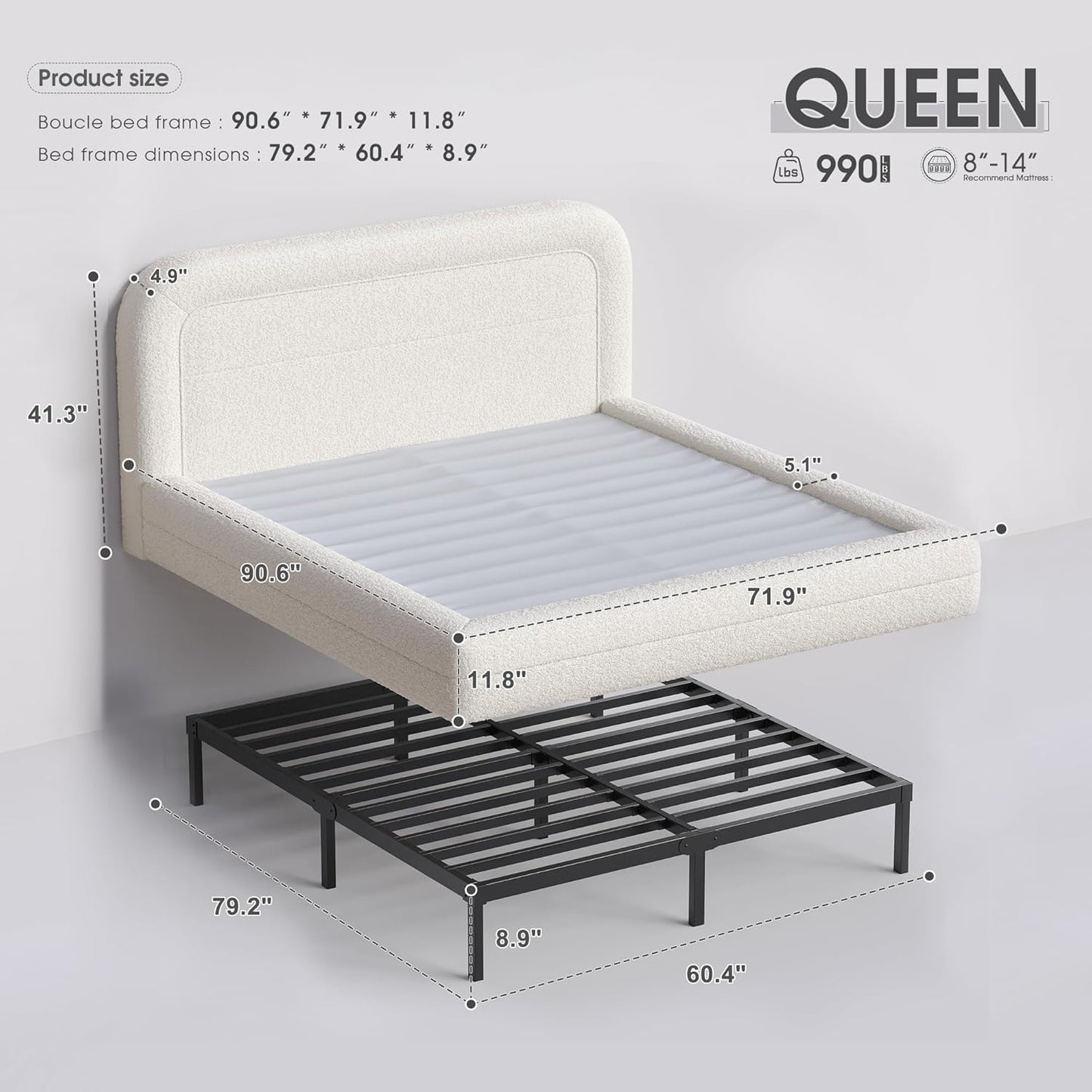 Queen Bed Frame with Headboard, Upholstered Cloud Bed Frame, Anti-Collision Soft Rounded Corners, for Modern Bedrooms, Apartments, Guest Rooms, White